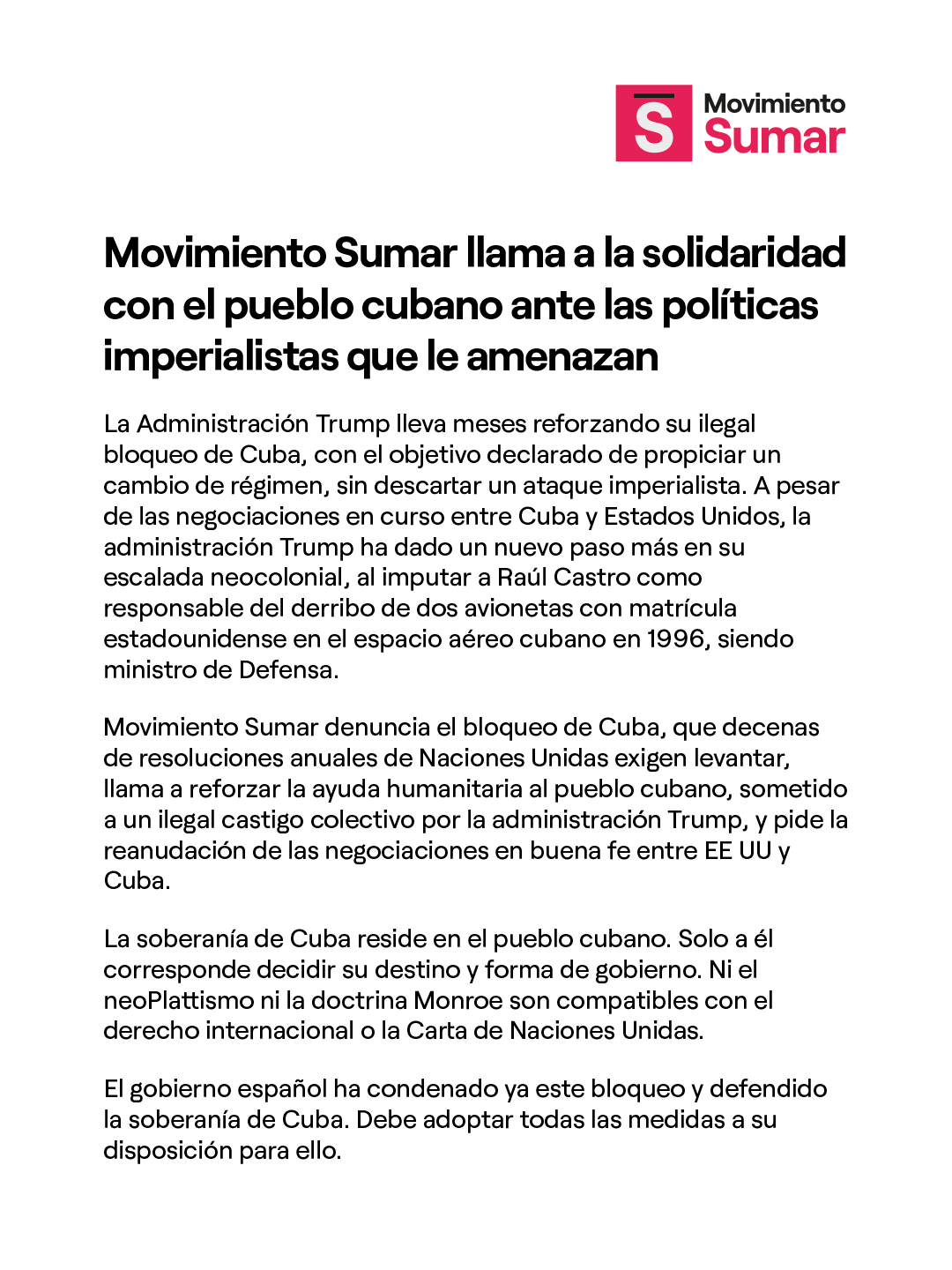 Movimiento Sumar llama a la solidaridad con el pueblo cubano ante el endurecimiento del bloqueo de Estados Unidos