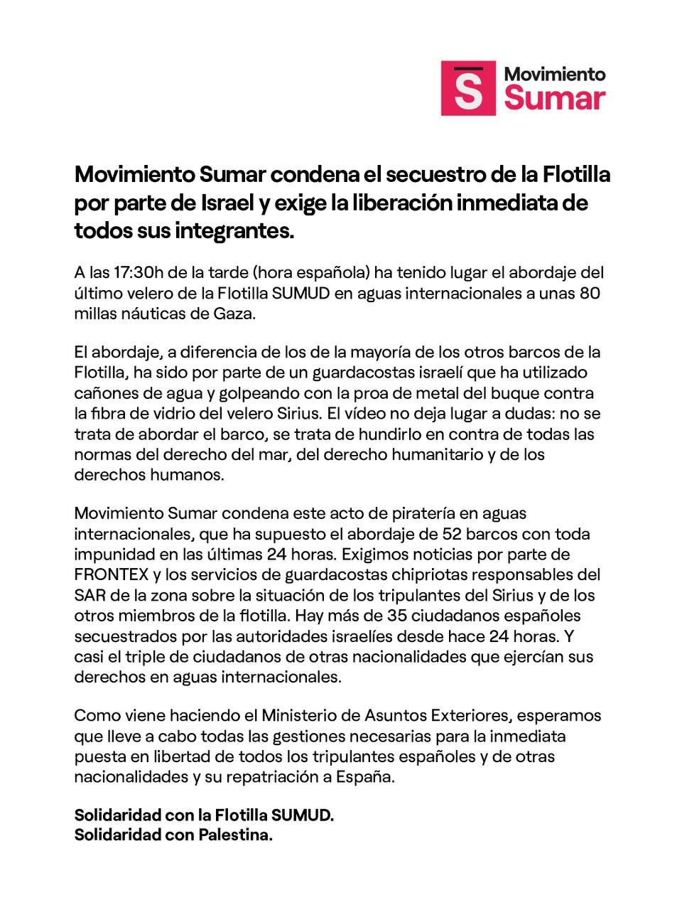 Comunicado de Movimiento Sumar por el secuestro de la Flotilla Global Sumud por parte de Israel